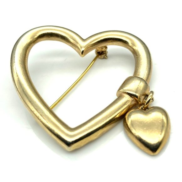 Vintage Heart Outline Brooch with Small Heart Charm Dangle, Gold Tone - Picture 2 of 3